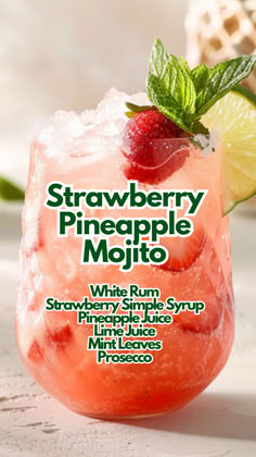 Strawberry Pineapple Mojito Fruity Alcohol Drinks Recipes, Fruity Bar Drinks, Coastal Drinks, Fancy Alcoholic Drinks, Mojito Flavors, Fruity Cocktail Recipes, Fruity Alcohol Drinks, Pineapple Mojito, Classic Mojito