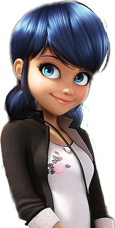 a cartoon girl with blue hair wearing a black jacket and white shirt, posing for the camera