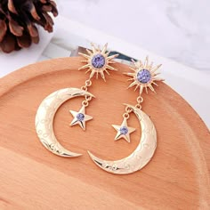 Beautiful Earrings Features Crescent Moon With Stars And Sunshine Embellished With Crystals. So Pretty ! Brand New And Gift Boxed. See Other Listings For Same Style In Silver. Crystal Moon, Moon And Star Earrings, Gold Moon, Moon And Star, Women Wholesale, Bohemian Earrings, Moon Star, Moon Earrings, Sun And Moon