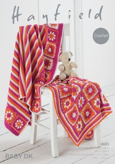 a teddy bear is sitting on a chair with a blanket over it that says hayfield crochet