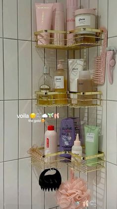 a bathroom shelf filled with personal care items next to a white tiled wall and floor