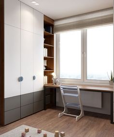 a room with a desk, bookshelf and chair in it next to a window