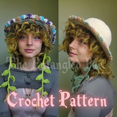 two photos of a woman with curly hair wearing a crochet hat