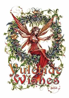 an image of a woman with wings on her body and surrounded by holly wreaths