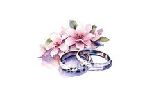 two wedding rings with pink flowers on them