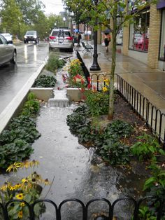 a city street with cars parked on the side of it and water running down the sidewalk