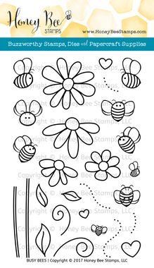 the honey bee stamp set is shown with bees and flowers