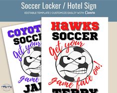 two soccer posters with the words hawks soccer and some other sports related items on them