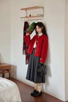 Teachers Fall Outfits, Japan Teacher Outfit, Soft Professional Outfits, Modest Red Outfits, Shojo Girl Fall Outfit, Korean Fall Outfits Street Style, Cardigan Red Outfit, How To Style A Red Cardigan, Outfit With Red Cardigan