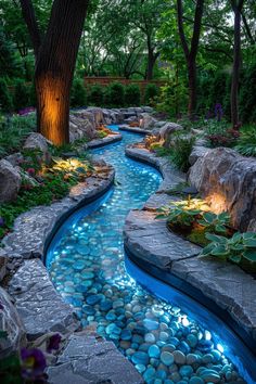 a river runs through a garden with rocks and plants