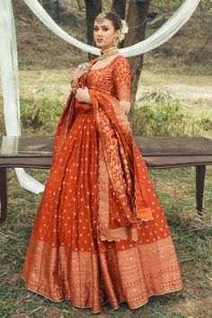 Lehenga Traditional Indian Weddings, Simple Indian Bridal Lehenga, Shaadi Outfits For Women, Lehenga Design From Saree, Silk Saree Into Lehenga, Colorful Haldi Outfit, Dark Orange Lehenga, Terracotta Lehenga, Indian Wedding Outfits Plus Size