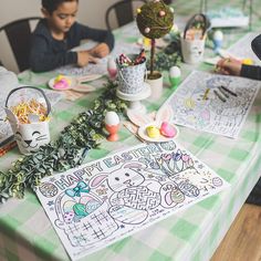 EASTER FUN - Keep kids engaged and having fun this Easter! They can custom color their placemats plus there are special activities and games like Tic Tac Toe, hidden pictures and connect the dots to keep children entertained for hours.PACK OF 12 SHEETS - Your order includes 12 11" x 17" large paper sheets for kids to have fun and play with. The large size doesn't just help create a large arts and crafts area...it also helps keep your table clean from spills and messes.PERFECT FOR PARTIES – Looki Easter Brunch Kids, Easter Placemats, Bunny Coloring, Easter Bunny Colouring, Coloring Placemats, Easter Coloring, Packing Kids, Easter Colouring, Craft Area