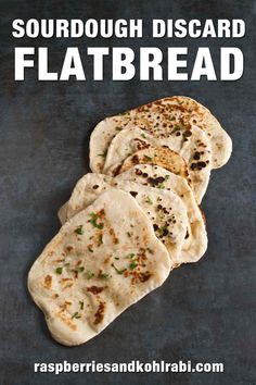 four flatbreads on a black surface with the words, sourdough disard