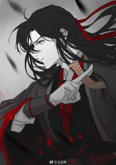 an anime character with long black hair and red eyes holding a knife in his hand