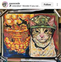 an image of a cat with a helmet on it's head in front of a painting