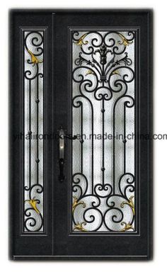 an iron door with glass panels and decorative designs on the side panel, is shown