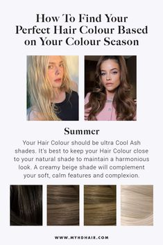 Find Your Perfect Hair Colour Based on Your Colour Season 
Knowing your Colours helps you choose clothing that complements you, making your eyes pop, your jawline look defined, and your skin complexion appear flawless. Hair Color Quiz, Beige Hair Color, Which Hair Colour, Rich Brunette