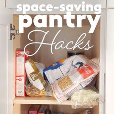 an open pantry door with the words space saving pantry hacks written on it in white