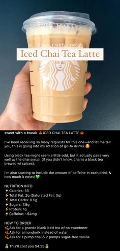 a cup of iced chai tea latte with text overlaying the image