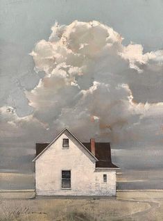 a painting of a white house in the middle of a field under a cloudy sky