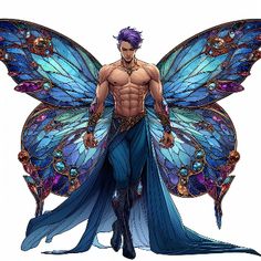 a male fairy with purple hair and blue wings, standing in front of a white background