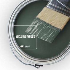 a paint can with a brush in it and the words secced woods above it