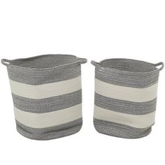 two grey and white striped storage baskets on a white background, one with handles to the side