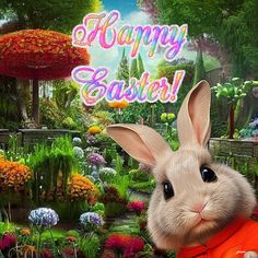 a happy easter card with a rabbit in the garden