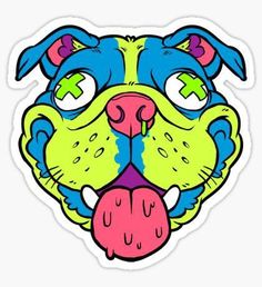 a cartoon dog's face with green eyes and pink tongue sticker on a white background