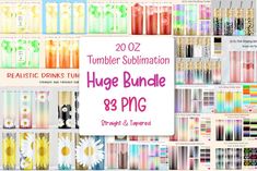 the huge bundle is full of different colored tubes and bottles with text that reads, tumbler