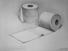 a pencil drawing of two rolls of toilet paper and a roll of toilet paper next to each other