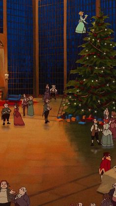 an animated christmas scene with people dressed in costumes