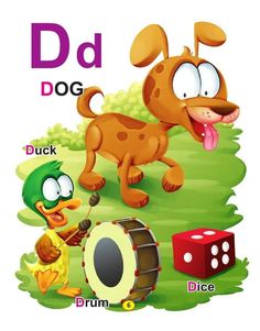 a cartoon dog playing the drums in front of a letter d with other letters and numbers