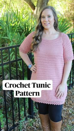 a woman standing in front of a fence with the words crochet tunic pattern