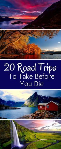 the cover of road trips to take before you die, with pictures of mountains and water