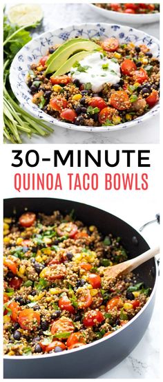 the recipe for quinoa taco bowls is shown in two different pictures, one with