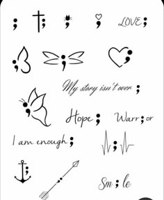 an image of tattoos with words and symbols on the back of each tattoo, as well as