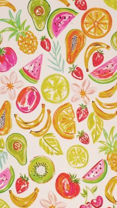 an image of fruit and vegetables painted on white paper with watermelon, pineapples, oranges, strawberries, lemons