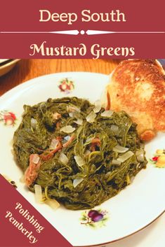 a white plate topped with greens and bread