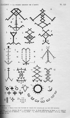 an old book with different types of cross stitchs and symbols on the pages in it