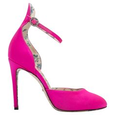 Hot pink satin pumps by Gucci. Crystal-embellished buckle closures at ankle straps. 4" heel height. Designer Size: 36.5 US Recommended Size: 6.5 Luxury Pink Heels With Buckle Closure, Gucci Party Heels With Buckle Closure, Gucci Elegant Heels With Buckle Closure, Elegant Gucci Heels With Buckle Closure, Pink Ankle Strap Heels With Buckle, Pink Ankle Strap Heels With Buckle Closure, Gucci Spring Heels With Sculpted Heel, Gucci Heels With Sculpted Heel For Spring, Designer Pink Heels With Buckle Closure