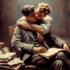 a painting of two boys hugging each other while sitting on a chair with books in front of them