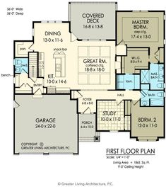 the first floor plan for a home with two master suites and an attached garage area