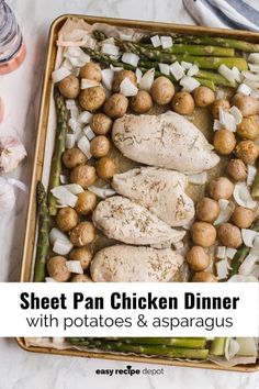 sheet pan chicken dinner with potatoes and asparagus is an easy weeknight meal