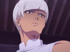 an anime character with white hair and brown eyes looks at the camera while staring into the distance