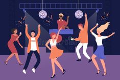 people dancing at a party with disco lights and confetti in the background royalty illustration