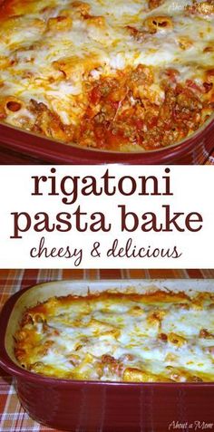 two pictures of different types of pizza in red casserole pans with text overlay that reads rigatoni pasta bake cheesy and delicious