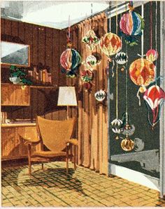 a drawing of a living room with ornaments hanging from the ceiling and on the wall