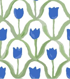 a blue flower pattern with green stems on a white background, in the style of watercolor