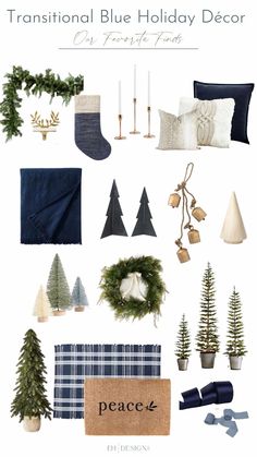 christmas decor with blue and white colors, including stockings, trees, candles, pillows